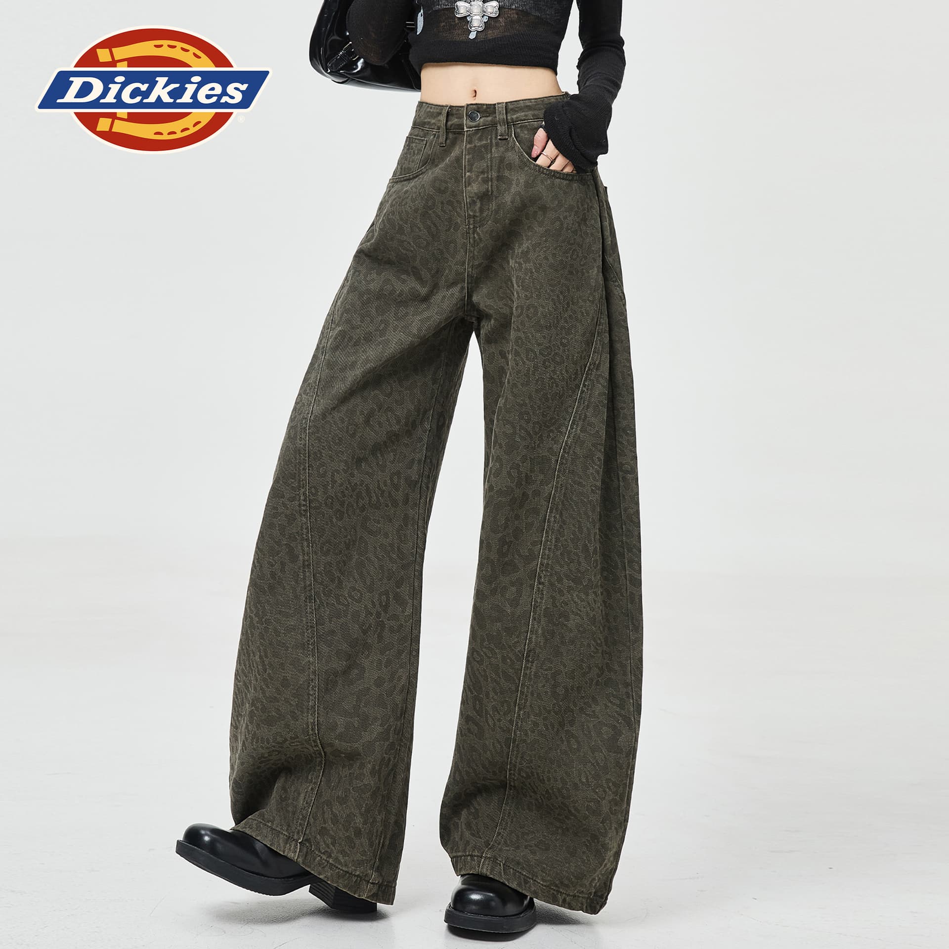 Джинсы dickies Армейский зеленый Леопардовый принт Удлиненная длина Женские Джинсы - изображение 3