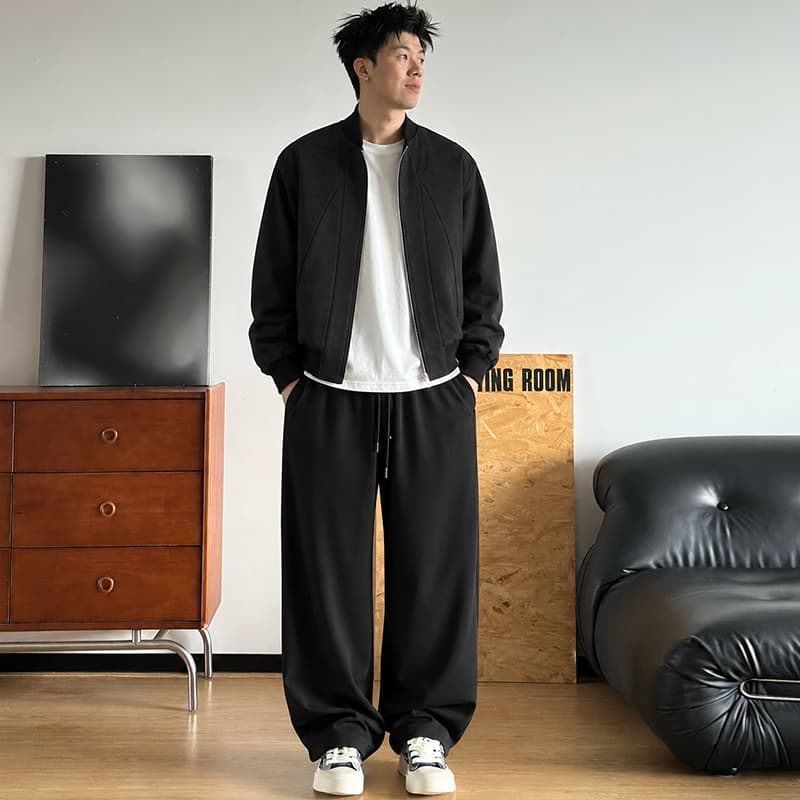 Спортивный костюм Воинский Черный Пальто + Черные Штаны [Minimalist Style Versatile] Унисекс Повседневный Спортивный Костюм Комплекты - изображение 3