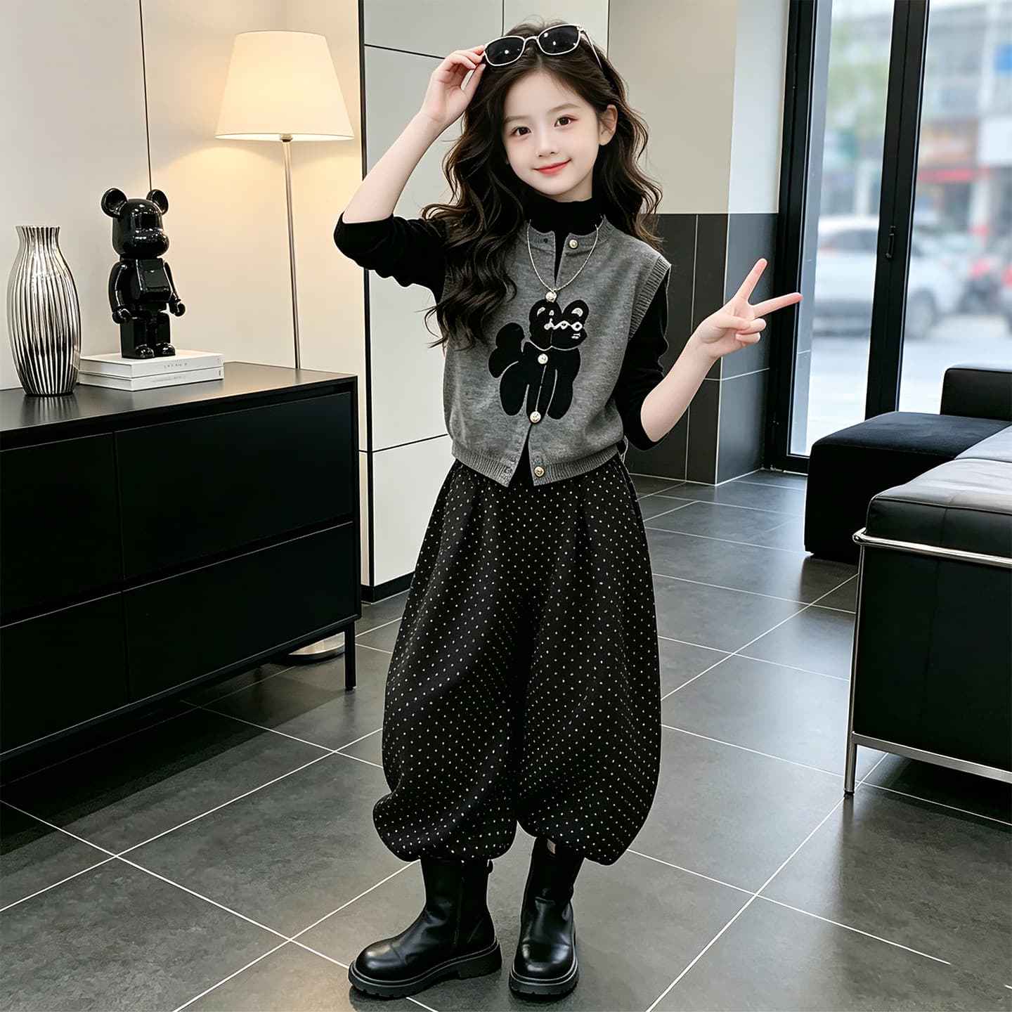 SHIBU 26165 Стиль Жилет Базовый слой + Брюки в горошек Kids Повседневный Спортивный костюм Комплекты - изображение 4