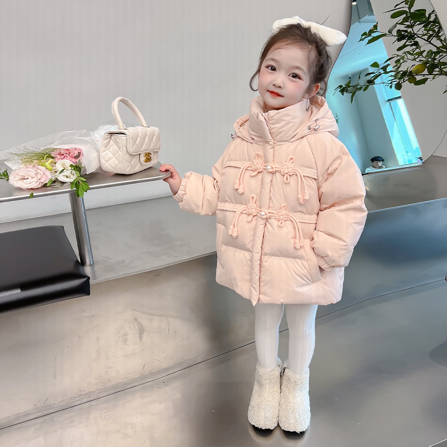 SHIBU D8639-Китайский Узел Pearl Кнопка Пуховая Куртка Розовый Детский Утеплённый Пуховик - изображение 2