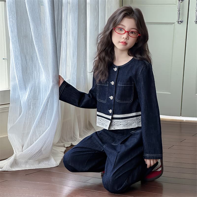 SHIBU A25113 Стиль Denim Lace Trim Set Magic Цветы Kids Casual Sports Sets Комплекты - изображение 3