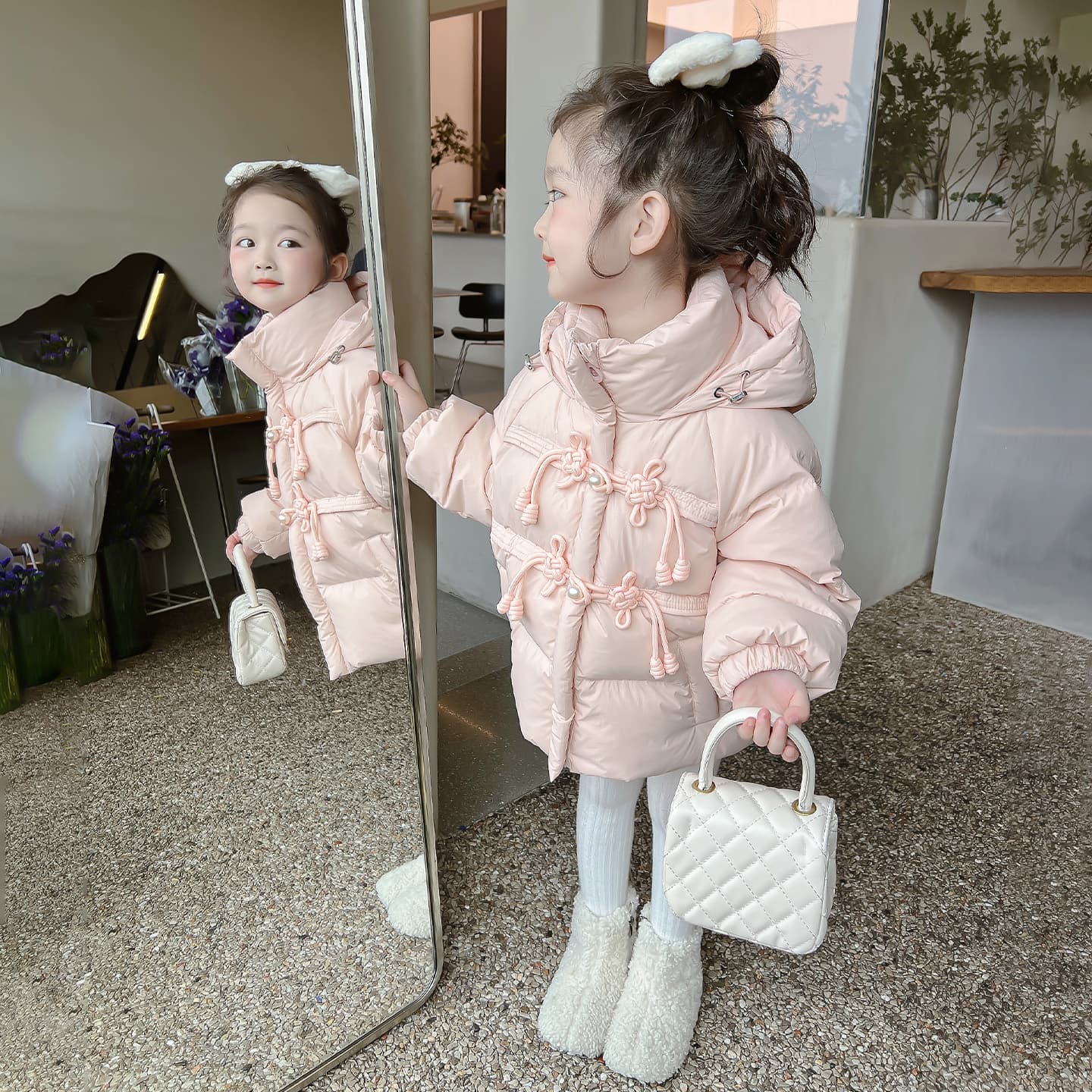 SHIBU D8639-Китайский Узел Pearl Кнопка Пуховая Куртка Розовый Детский Утеплённый Пуховик - изображение 5