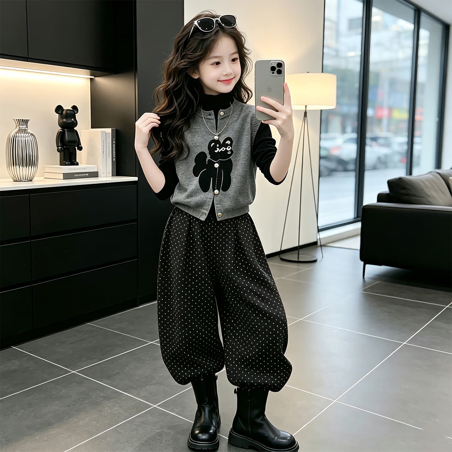 SHIBU 26165 Стиль Жилет Базовый слой + Брюки в горошек Kids Повседневный Спортивный костюм Комплекты - изображение 2