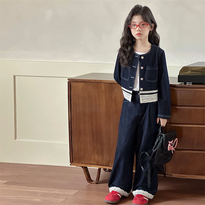 SHIBU A25113 Стиль Denim Lace Trim Set Magic Цветы Kids Casual Sports Sets Комплекты - изображение 2