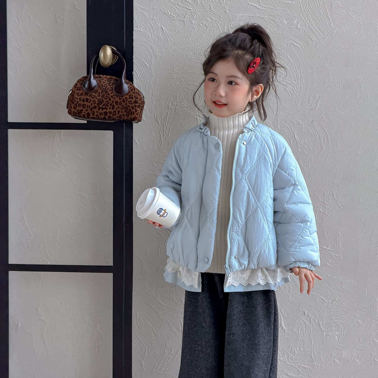 SHIBU D9561-Кружевная отделка Хлопковый пуховик в стиле пэчворк Синий Kids Утеплённые куртки - изображение 3