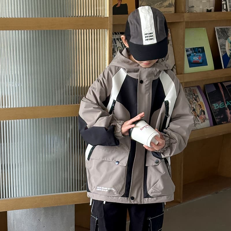 SHIBU LBQW8488 Трехцветный Пэчворк Большой карман на молнии Ветровка Кофе Kids Утеплённые куртки - изображение 3