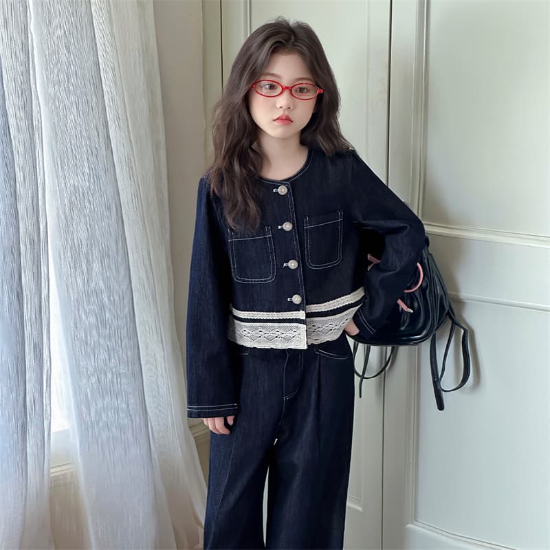 SHIBU A25113 Стиль Denim Lace Trim Set Magic Цветы Kids Casual Sports Sets Комплекты - изображение 4