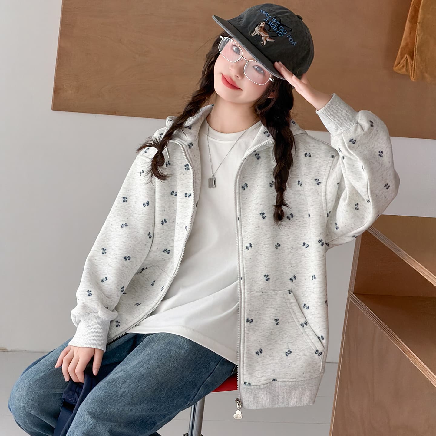SHIBU Модель R296 Полный принт Бант С капюшоном Пальто Вересковый серый Kids Топы - изображение 4
