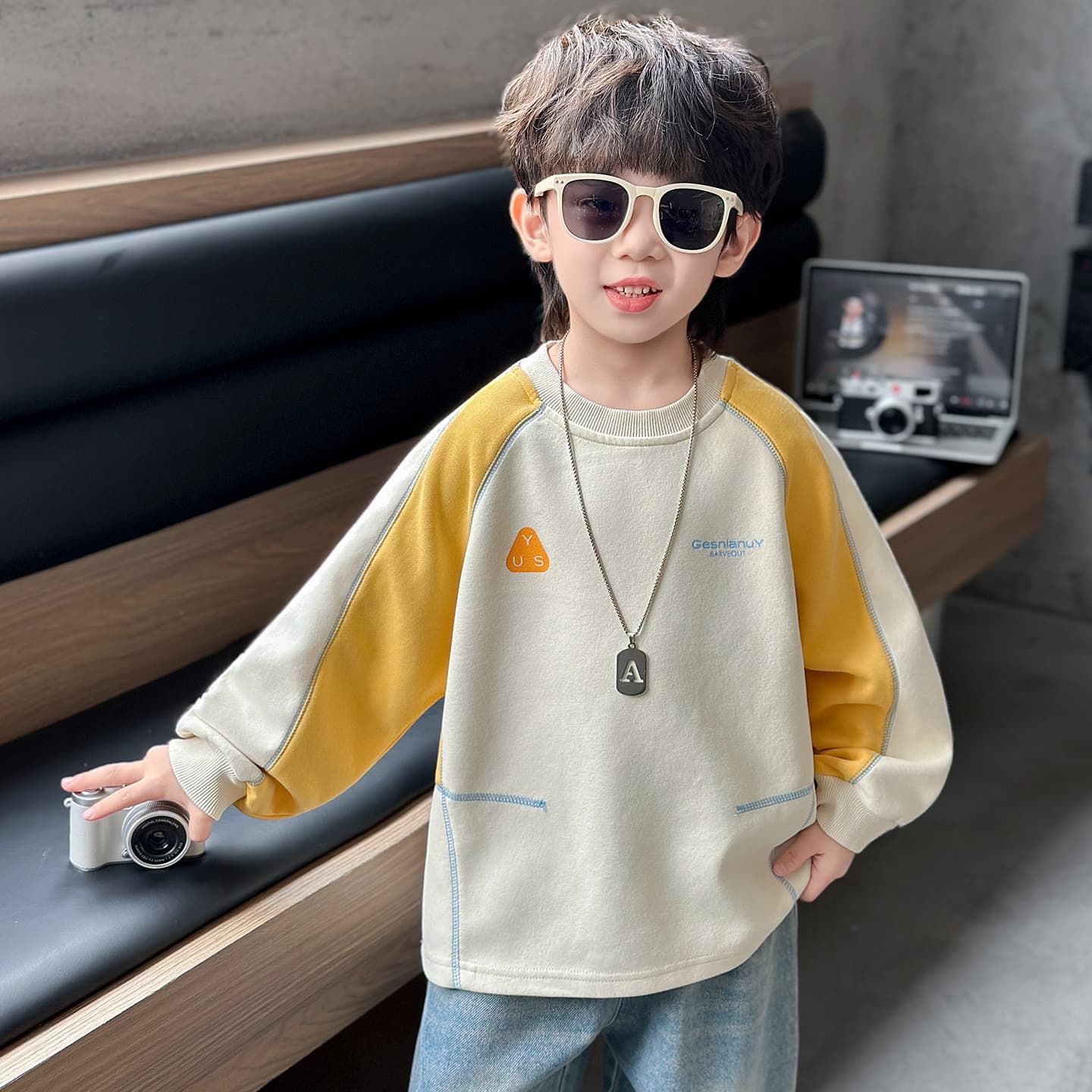Кофта SHIBU 26502 Простая линия Лоскутный принт Свитшот Модель Абрикос Kids Толстовки - изображение 5