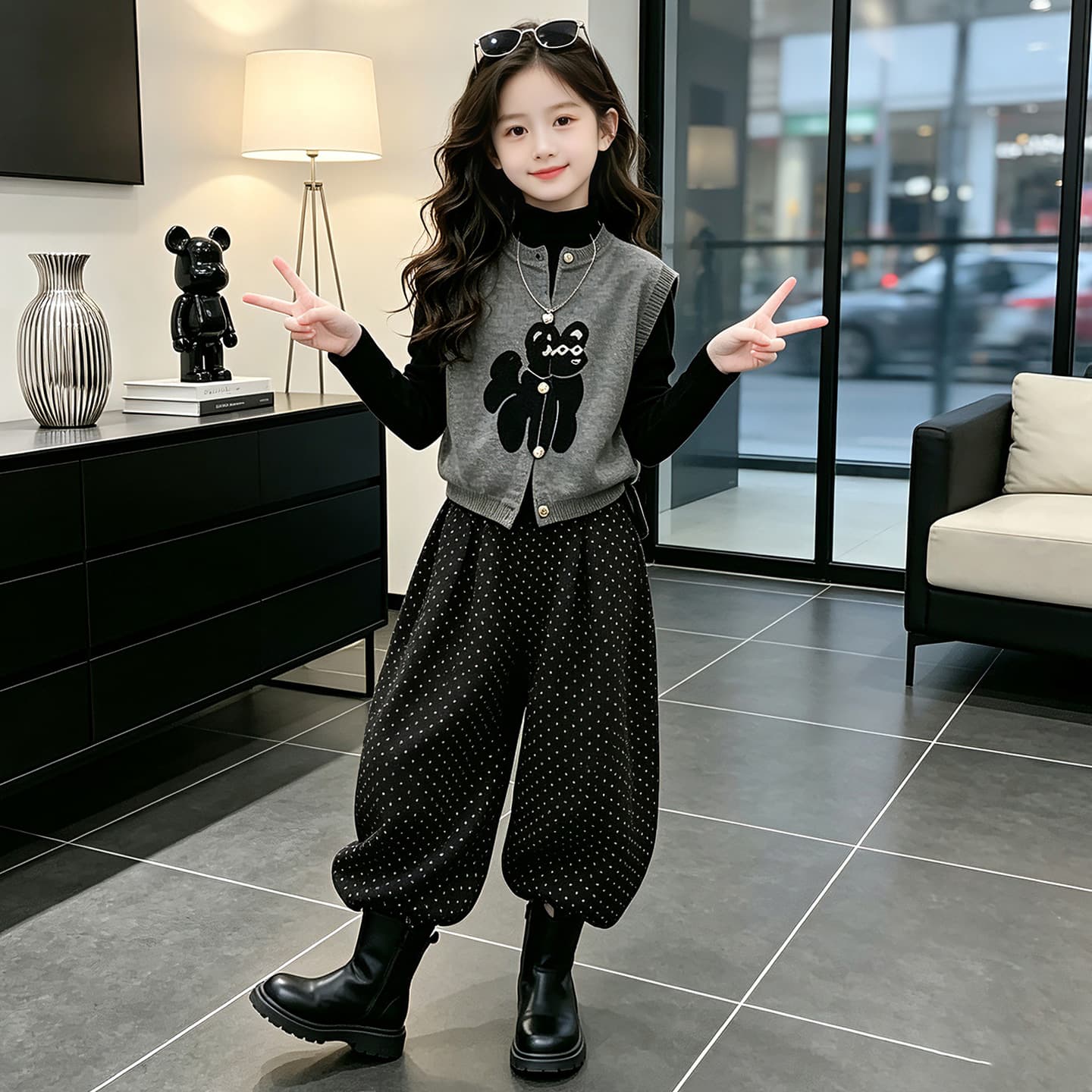 SHIBU 26165 Стиль Жилет Базовый слой + Брюки в горошек Kids Повседневный Спортивный костюм Комплекты - изображение 3