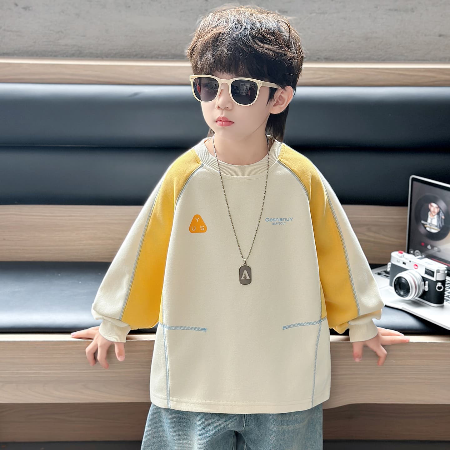 Кофта SHIBU 26502 Простая линия Лоскутный принт Свитшот Модель Абрикос Kids Толстовки - изображение 4