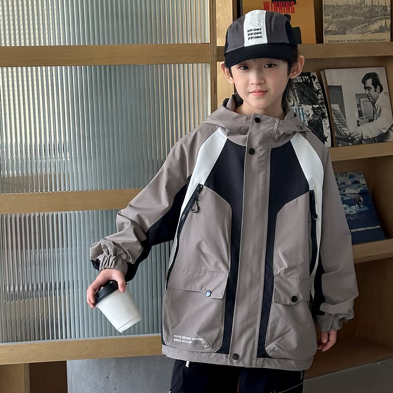 SHIBU LBQW8488 Трехцветный Пэчворк Большой карман на молнии Ветровка Кофе Kids Утеплённые куртки - изображение 4