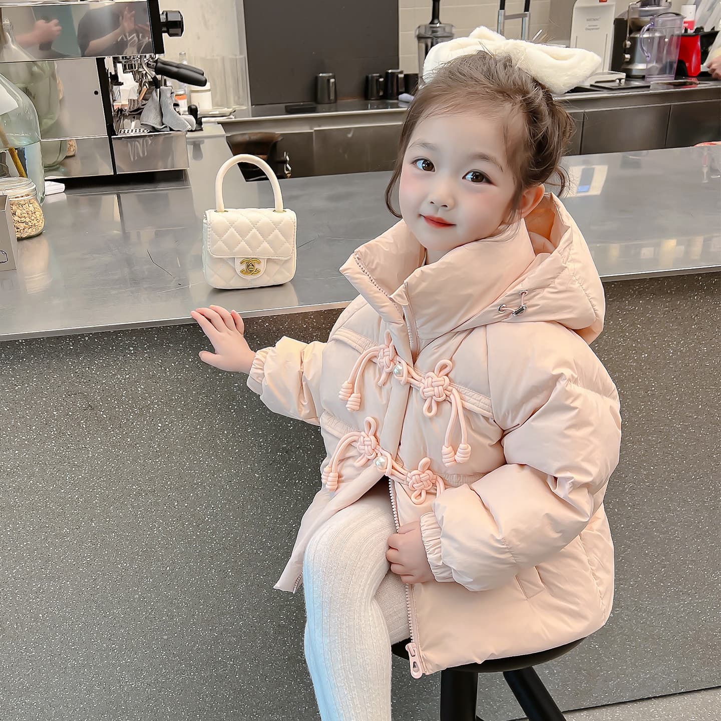 SHIBU D8639-Китайский Узел Pearl Кнопка Пуховая Куртка Розовый Детский Утеплённый Пуховик - изображение 3