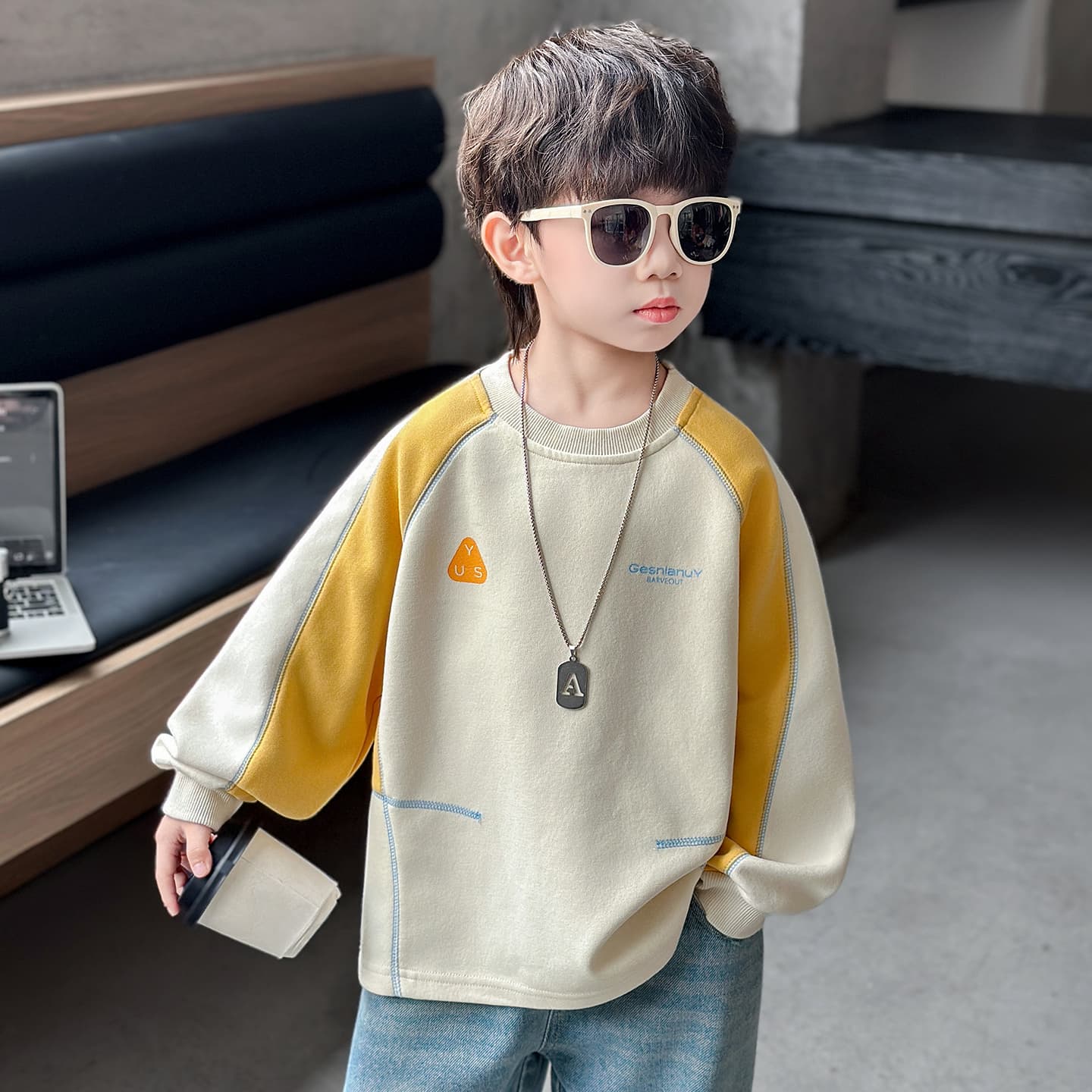 Кофта SHIBU 26502 Простая линия Лоскутный принт Свитшот Модель Абрикос Kids Толстовки - изображение 2