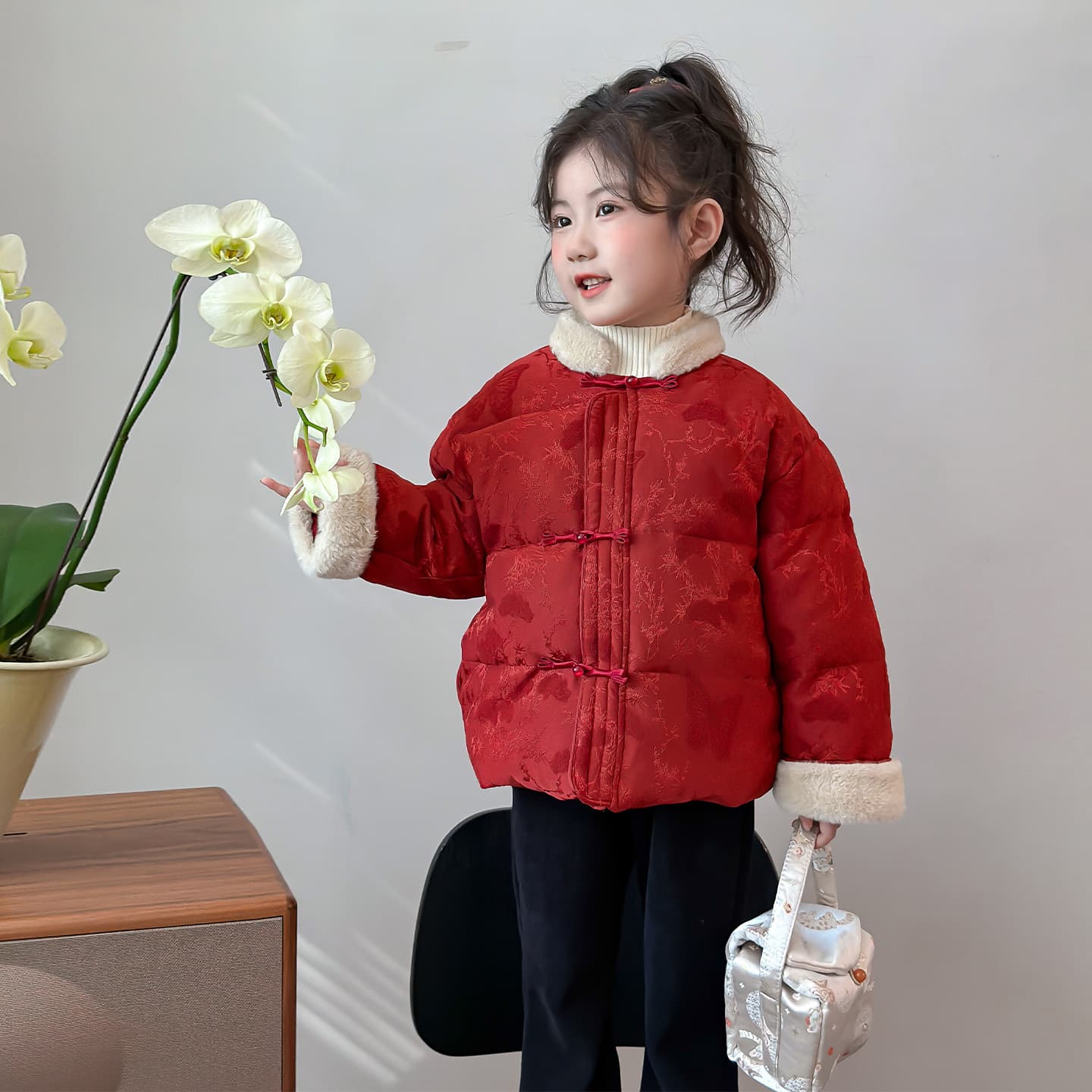 SHIBU D9619 - Китайский стиль воротник-стойка пуховая куртка красный детские утеплённые куртки - изображение 3