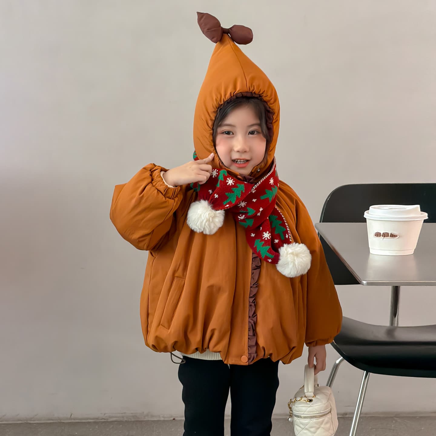 SHIBU D9642-Девочки Однотонный С капюшоном Хлопковый пуховик (с шарфом) Kids Утеплённая куртка - изображение 2