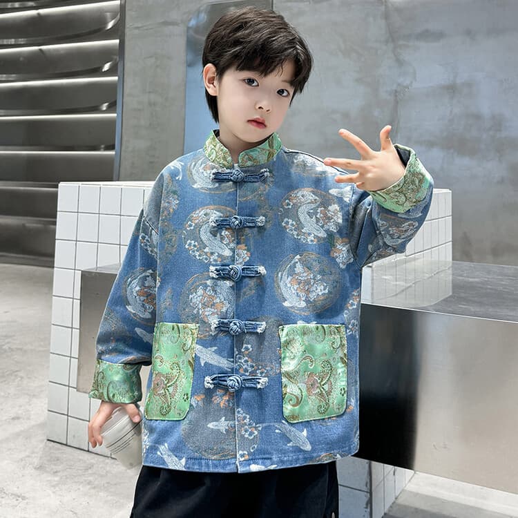 BOBBY ABLEY Синий С китайским стилем Жаккардовый трикотаж Дизайн Детские топы - изображение 4