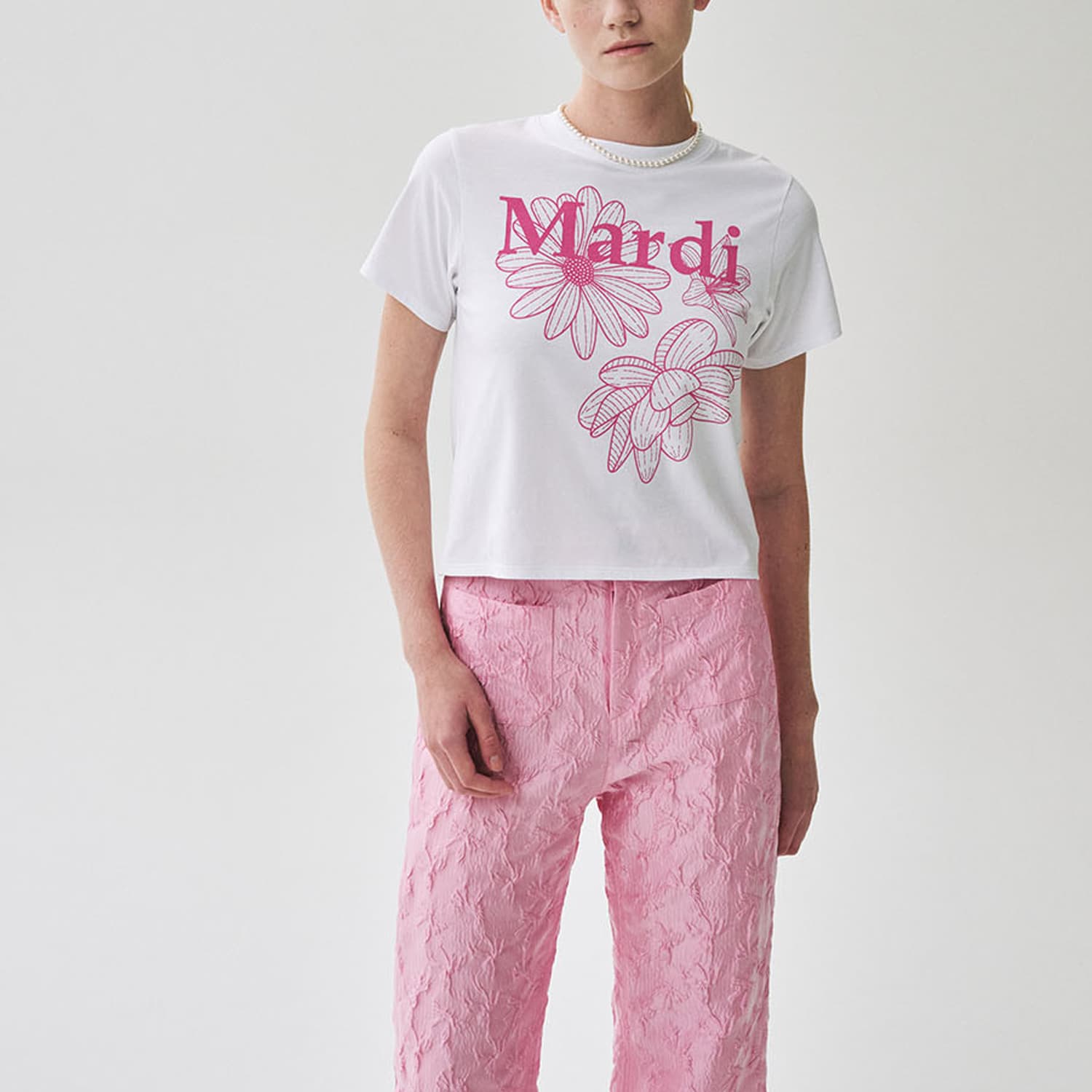 Футболка MARDI MERCREDI Three Flowers Collection SS25 T Рубашка Женская Белая Розовая Корейский стиль - изображение 7