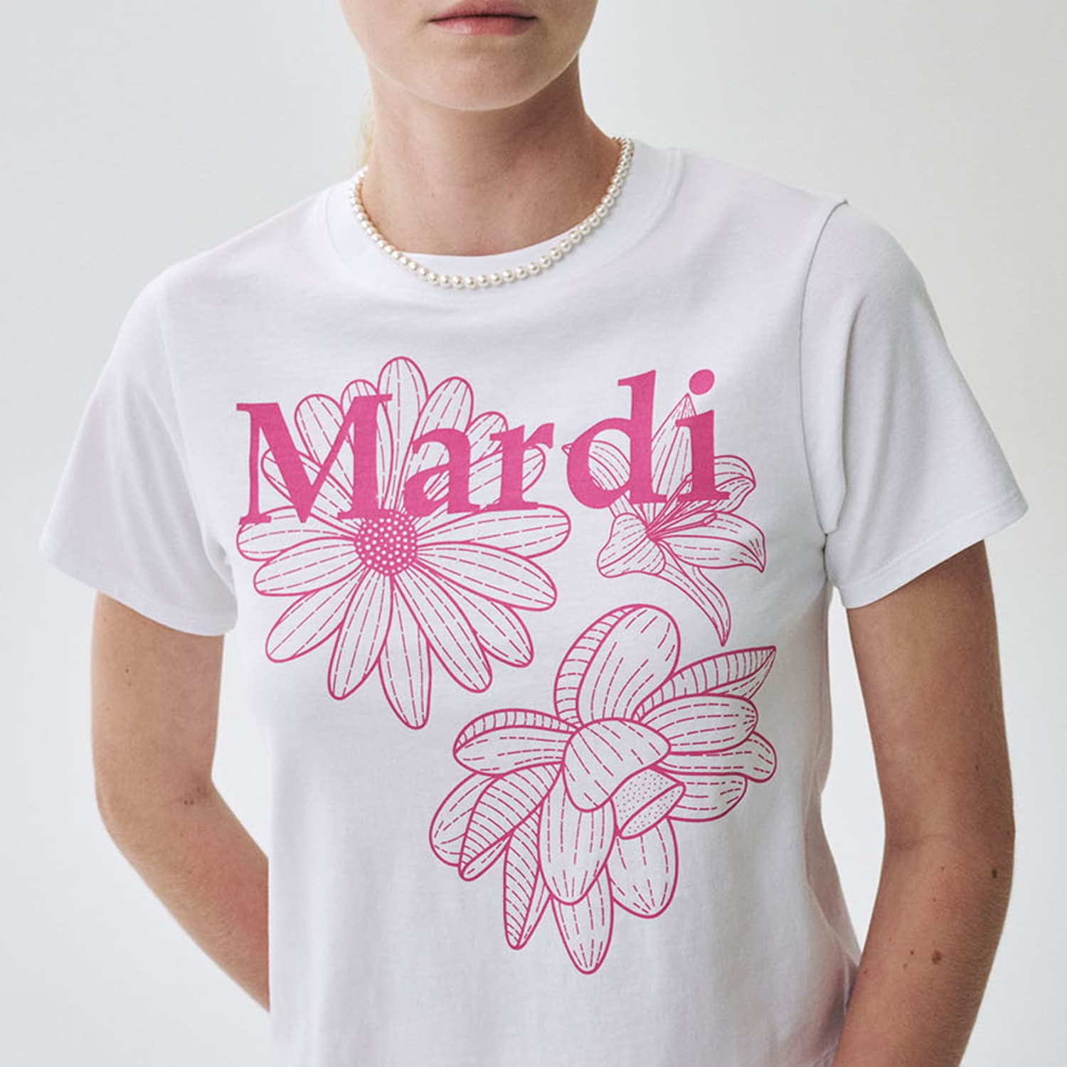 Футболка MARDI MERCREDI Three Flowers Collection SS25 T Рубашка Женская Белая Розовая Корейский стиль - изображение 6