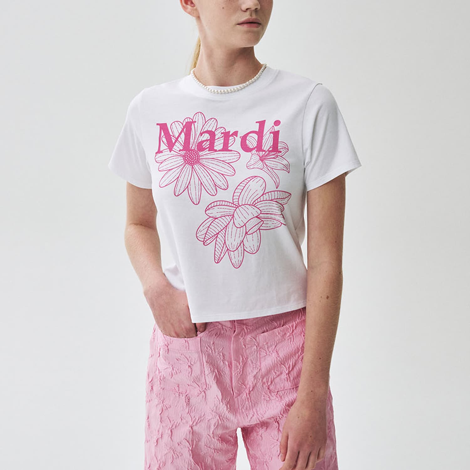 Футболка MARDI MERCREDI Three Flowers Collection SS25 T Рубашка Женская Белая Розовая Корейский стиль - изображение 5