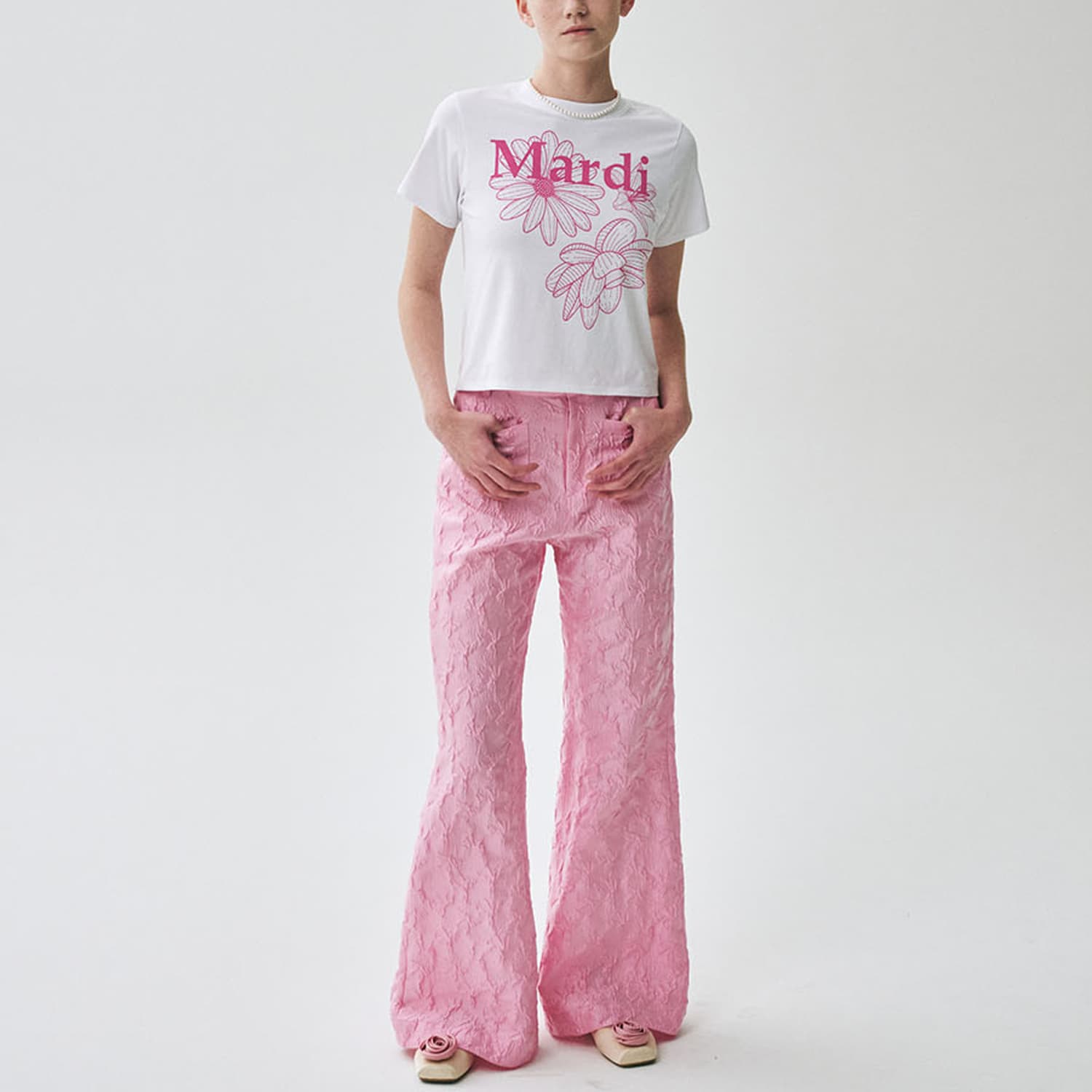 Футболка MARDI MERCREDI Three Flowers Collection SS25 T Рубашка Женская Белая Розовая Корейский стиль - изображение 4