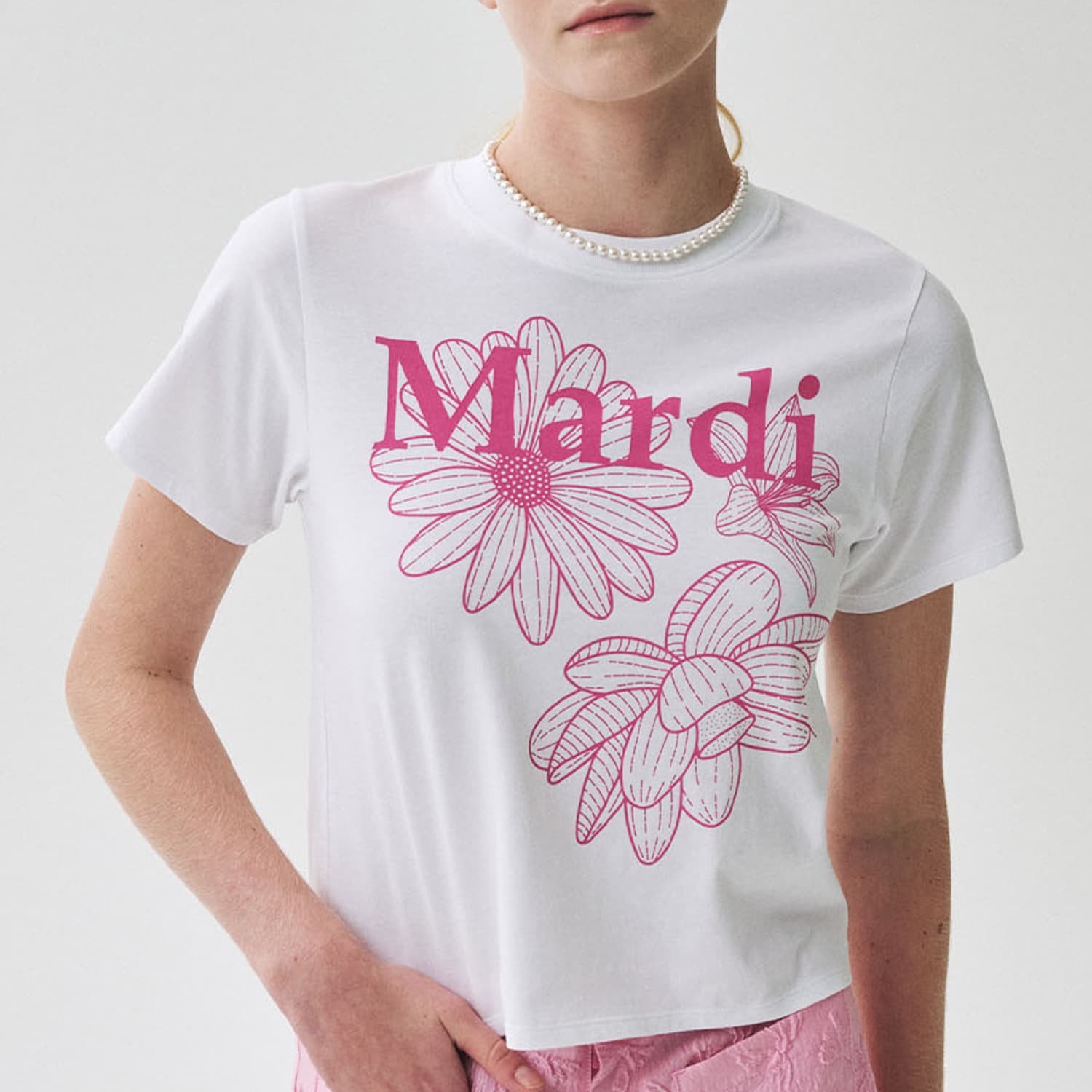 Футболка MARDI MERCREDI Three Flowers Collection SS25 T Рубашка Женская Белая Розовая Корейский стиль - изображение 3