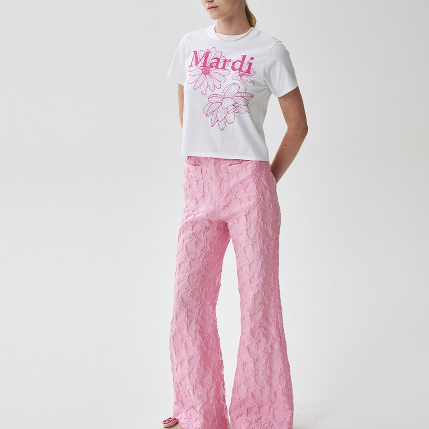 Футболка MARDI MERCREDI Three Flowers Collection SS25 T Рубашка Женская Белая Розовая Корейский стиль - изображение 2