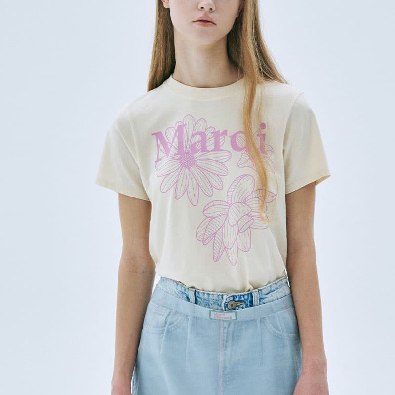 Футболка MARDI MERCREDI Three Flowers Collection T-рубашка Женская Топленое масло Порошок Лаванда Корейский стиль - изображение 4