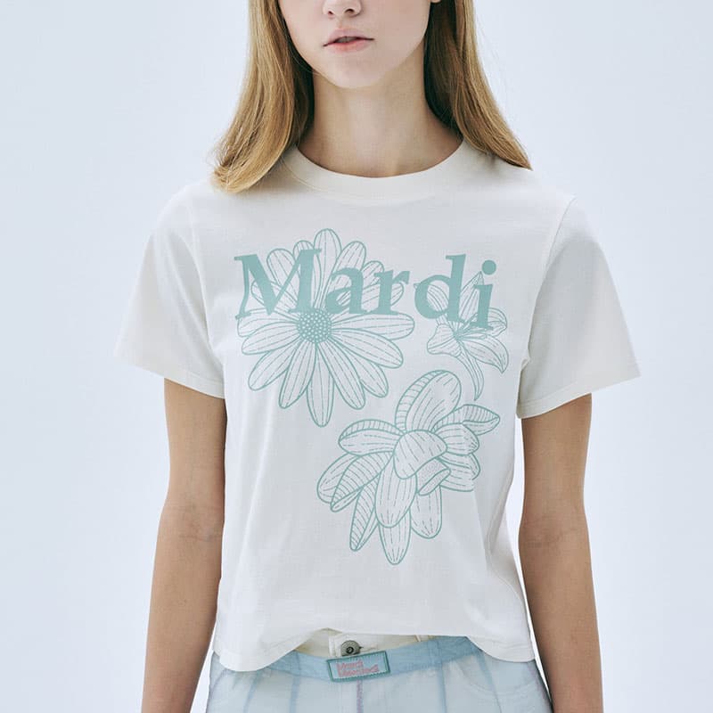 Футболка MARDI MERCREDI Three Flowers Collection T-рубашка Женская Кремовая Текстура Мох Зеленый Корейский стиль - изображение 2