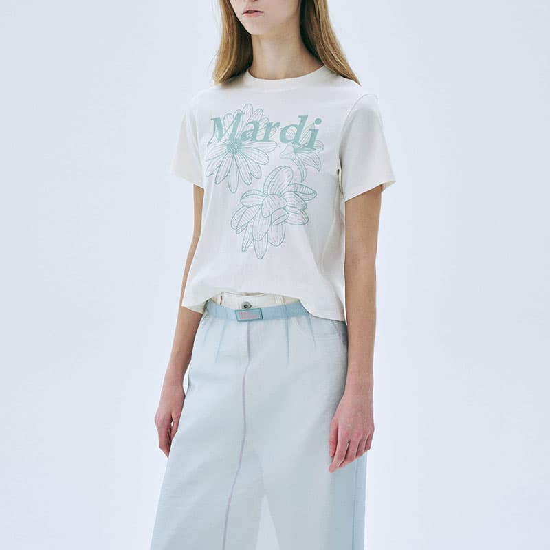 Футболка MARDI MERCREDI Three Flowers Collection T-рубашка Женская Кремовая Текстура Мох Зеленый Корейский стиль - изображение 3
