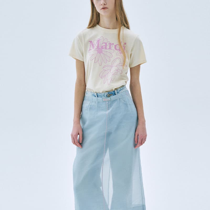 Футболка MARDI MERCREDI Three Flowers Collection T-рубашка Женская Топленое масло Порошок Лаванда Корейский стиль - изображение 5