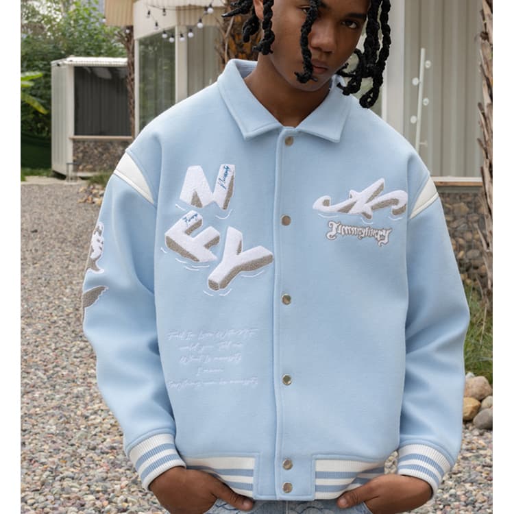 Бомбер Necessity Finery Vintage Baseball Jacket Light Blue - изображение 5