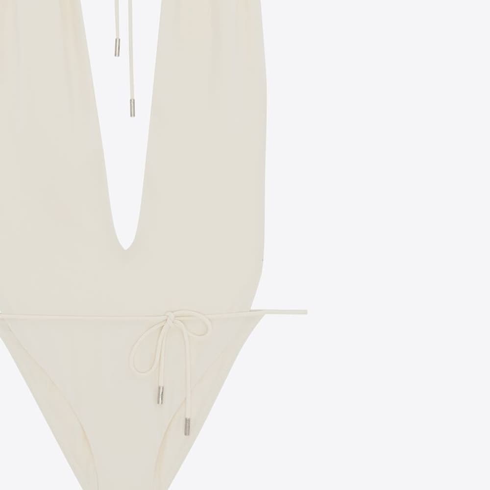 Saint Laurent V-Neck Tie Triangle Swimsuit Cream White - изображение 6